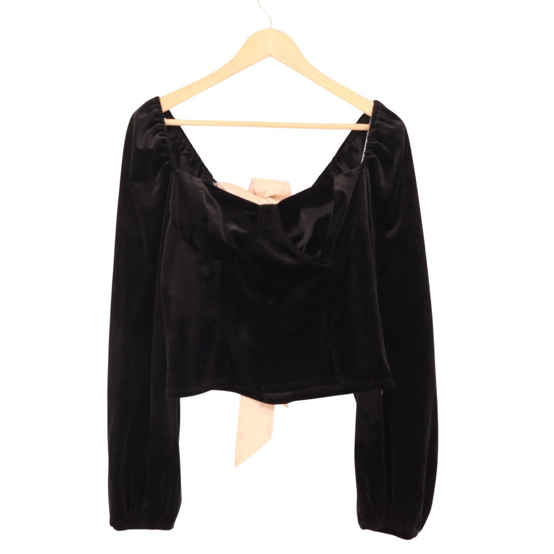 Lulus Exquisite Expectation Top Womens M Black Velvet Tie-Back Balloon Sleeve