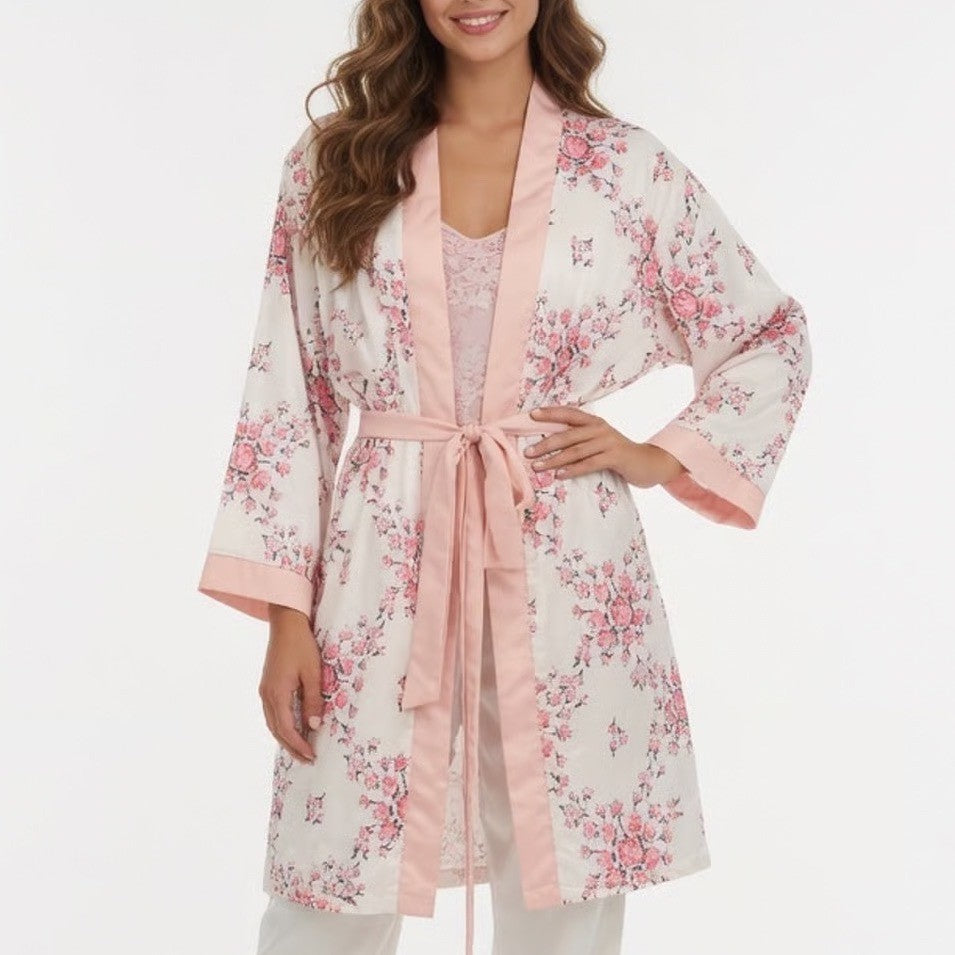 Morgan Lane x FabFitFun Floral Kimono Robe Pink White Rose Print L/XL Pockets