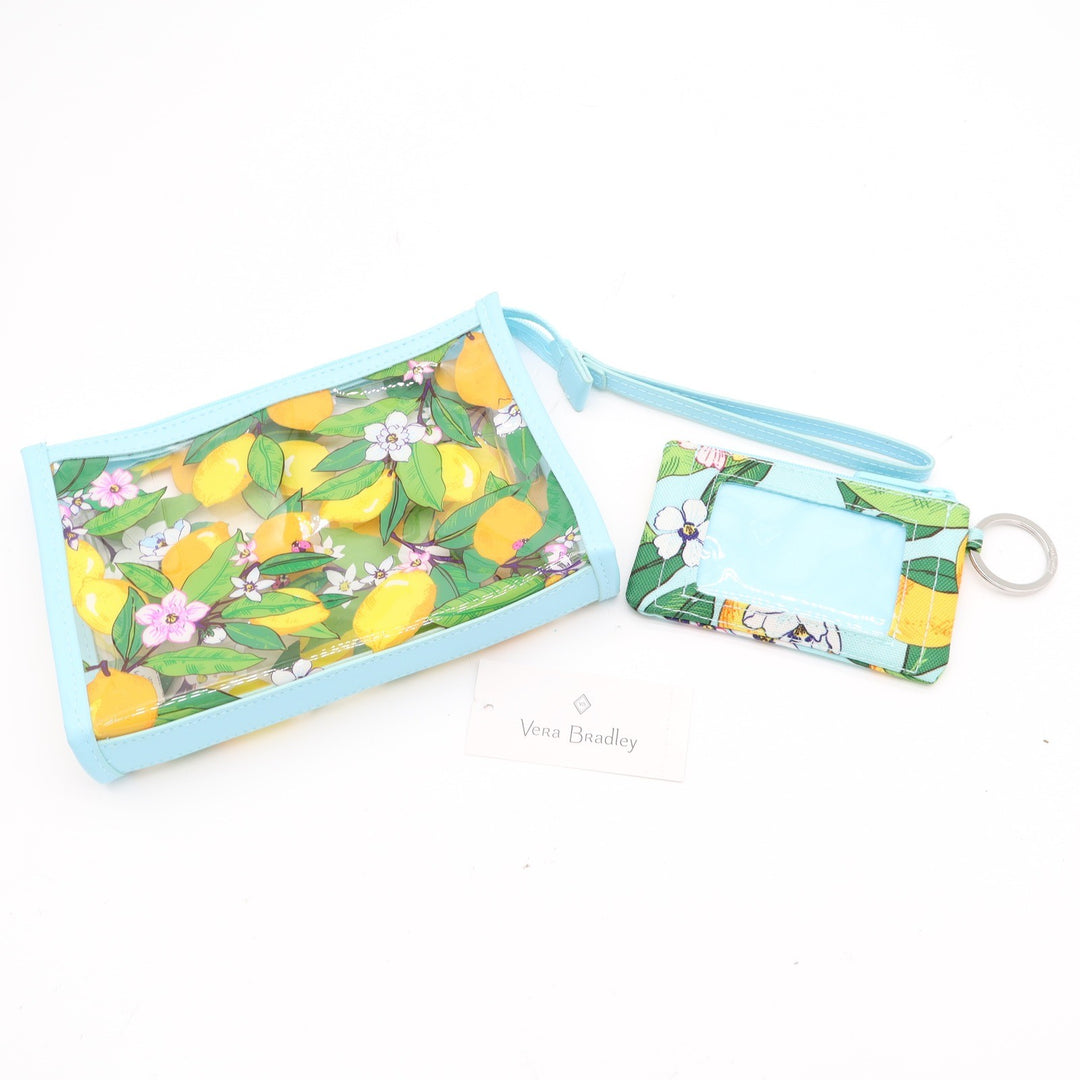 Vera Bradley Lemon Grove Clear Wristlet Pouch and Zip ID Case Set Light Blue NEW