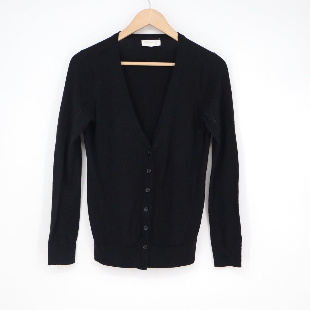 Forever 21 Womens Black V-Neck Button Front Long Sleeve Cardigan Sweater Size S