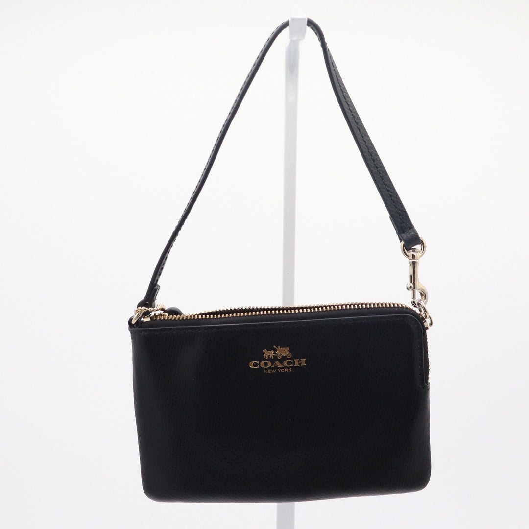 Coach Corner Zip Wristlet Black Crossgrain Leather Gold Logo