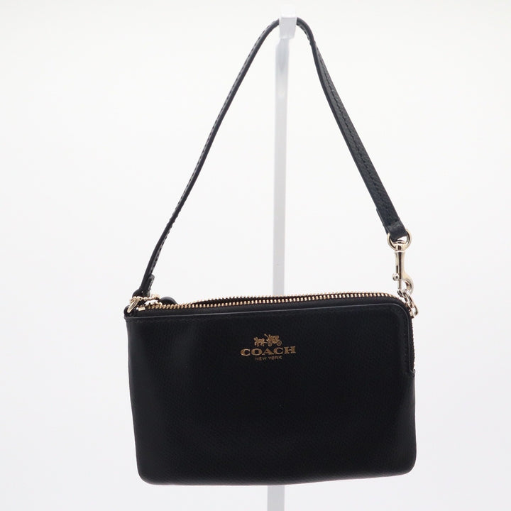 Coach Corner Zip Wristlet Black Crossgrain Leather Gold Logo