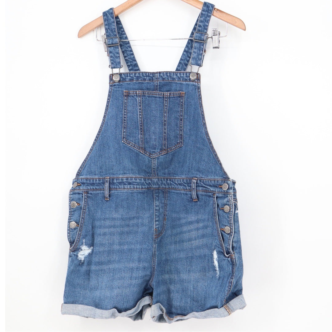 Old Navy Womens Medium Wash Distressed Denim Shortalls Overalls Size L