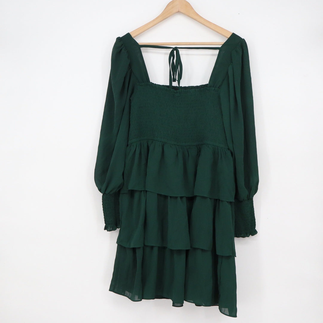 Shein Dark Green Smocked Tiered Ruffle Long Sleeve Mini Dress XL