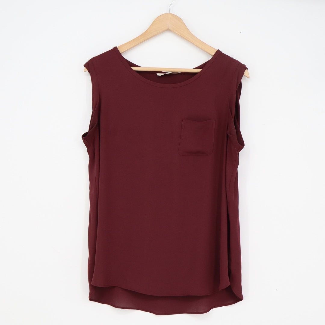 Ann Taylor LOFT Womens Medium Burgundy Sleeveless Pocket Blouse Crew Neck Top