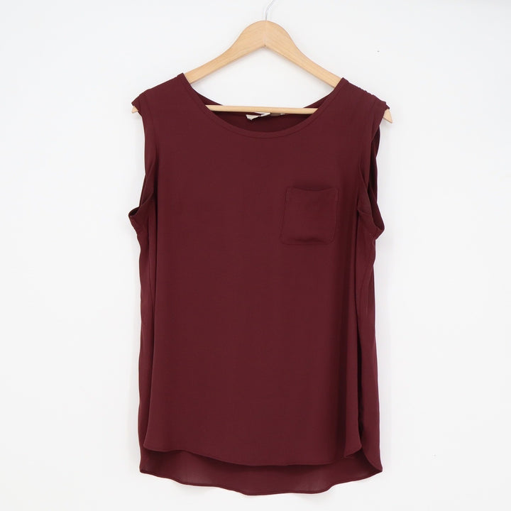 Ann Taylor LOFT Womens Medium Burgundy Sleeveless Pocket Blouse Crew Neck Top