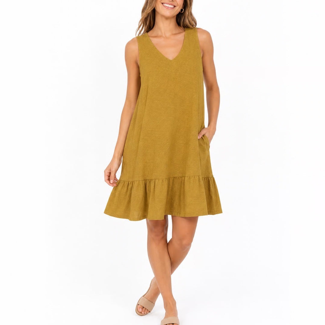 J. Jill Flounced Hem Double V-Neck Knit Dress Mustard Yellow Gilded Coin Medium