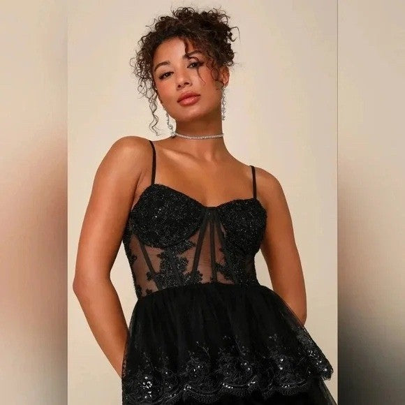 Lulus Alluring Sensation Black Tulle Embroidered Tiered Maxi Dress Size XL