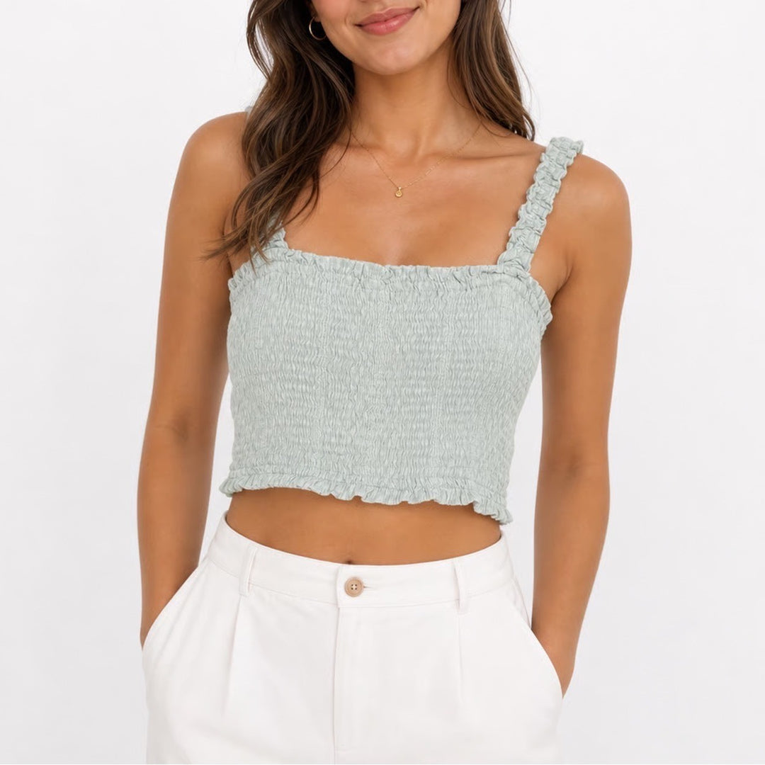Paper Crane Womens Sage Green Smocked Ruffle Strap Crop Top Small