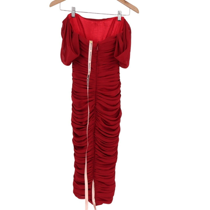 House of CB Carlotta Ruched Draped Chiffon Dress Womens XS Red Off The Shoulder