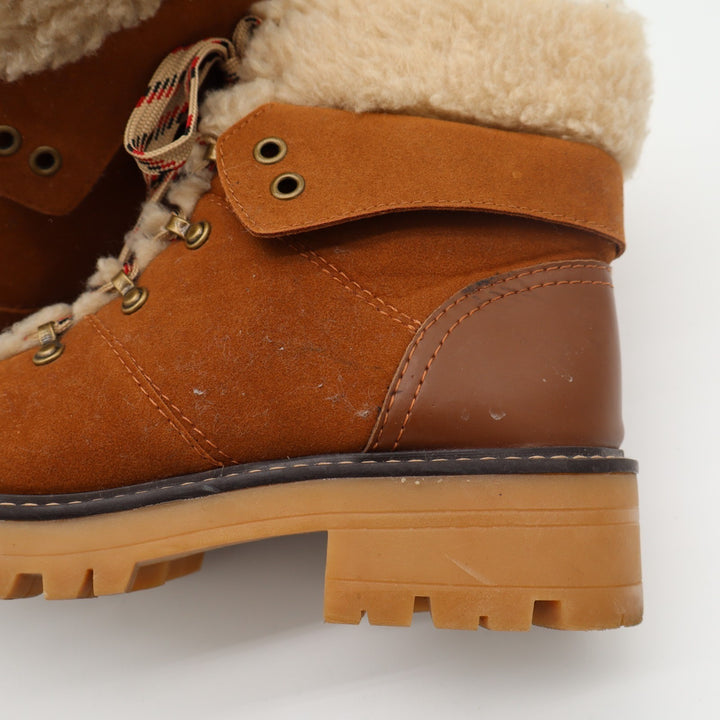 Time And Tru Womens US 8.5 Brown Leather Faux Fur Collar Ankle Cozy Hiking Boots