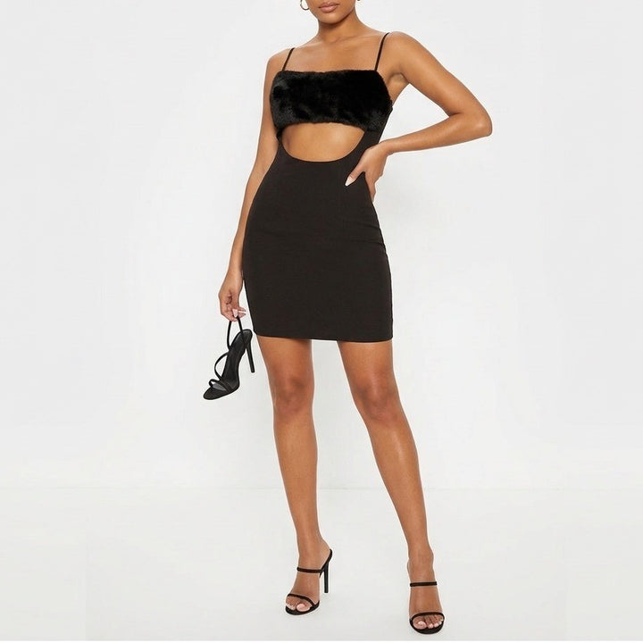 Naked Wardrobe Black Faux Fur Trim Front Cutout Mini Dress NWH19-D9 MN Small