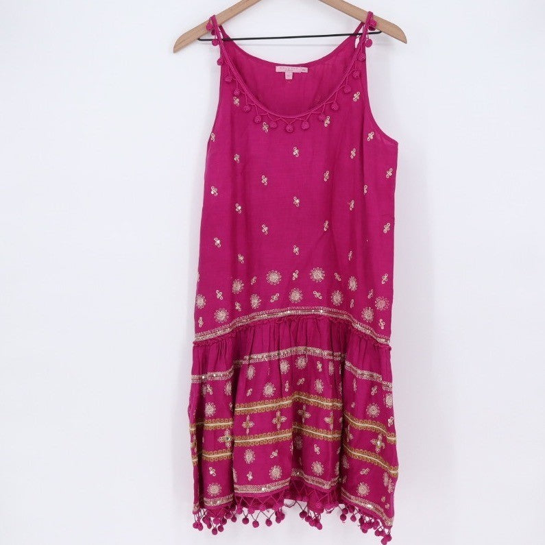 Calypso St Barth Pink Linen Beaded Pom Pom Flounce Dress XS