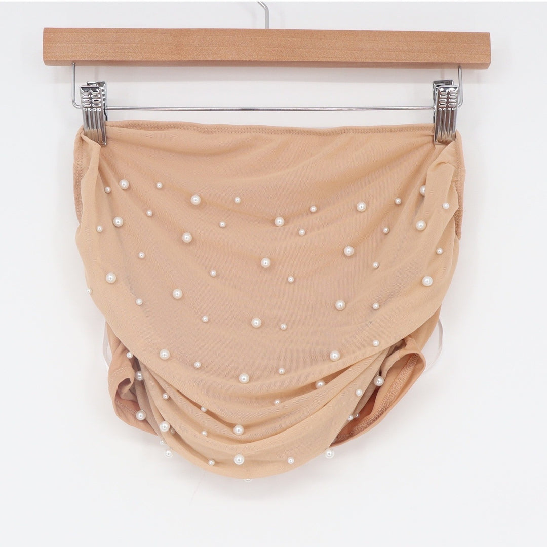 SHEIN Tan Mesh Pearl Draped Cowl Neck Tube Top XS