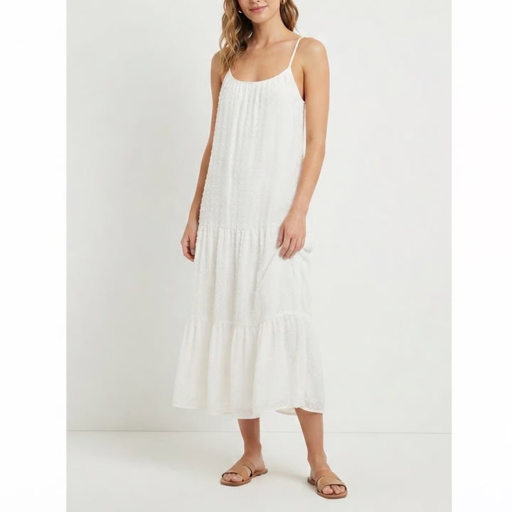 Madewell White Cotton Clip Dot Tiered Midi Dress Tie Back Sleeveless Small