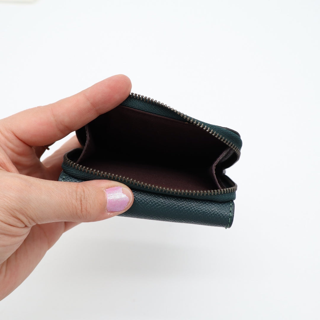 Coach Small Tri-fold Wallet Womens Forest Green Pebbled Leather Zip Coin Pocket