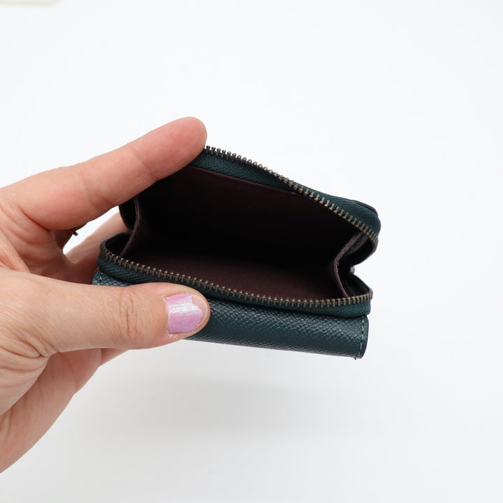 Coach Small Tri-fold Wallet Womens Forest Green Pebbled Leather Zip Coin Pocket