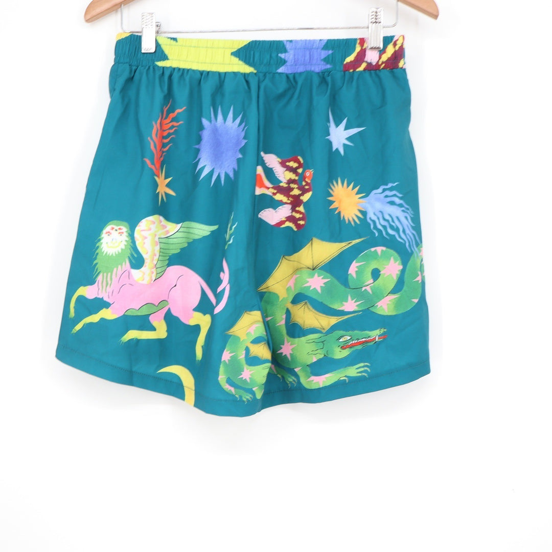 Teal Celestial Dragon Sphinx Print Matching Shirt and Shorts Set Medium