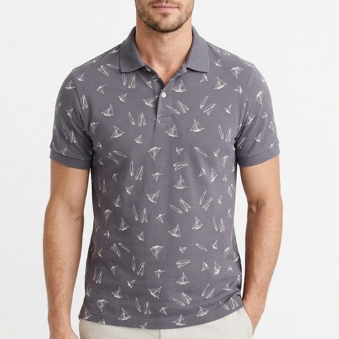 J.Crew Classic Polo Shirt Mens Medium Gray Boat Print Knit Golf Spread Collar