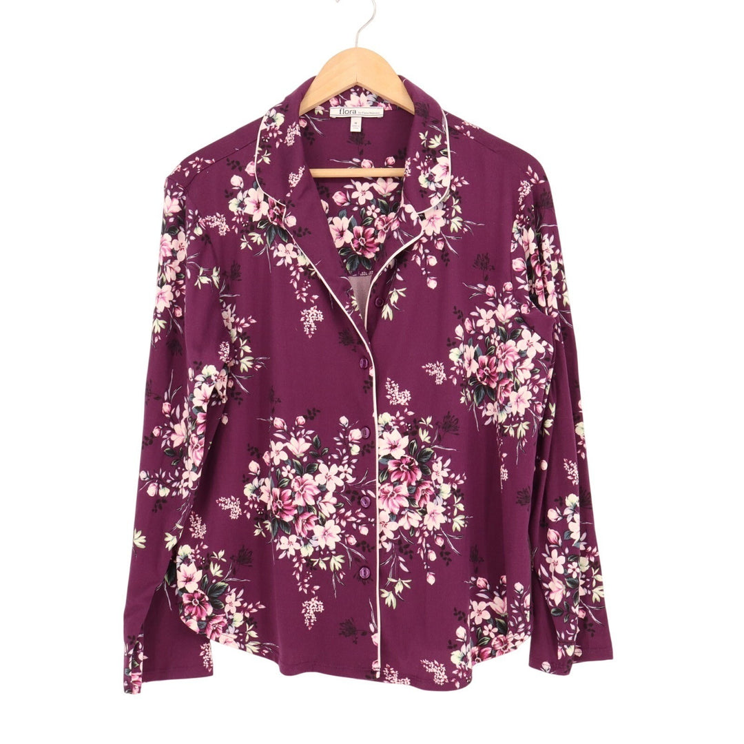 Flora by Flora Nikrooz Pajama Top Womens Medium Plum Floral Stretch Lapel Collar