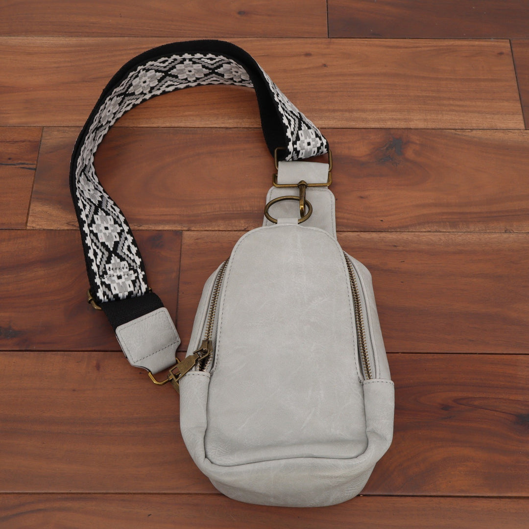 Light Gray Vegan Leather Sling Bag Woven Geometric Guitar Strap Crossbody