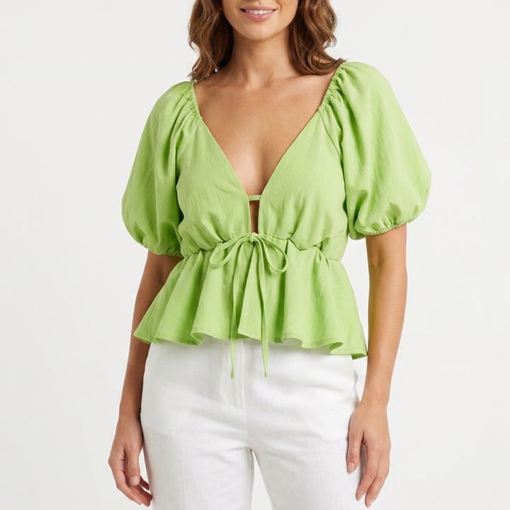 Lime Green Puff Sleeve Tie Back Peplum Blouse V-Neck Top Large
