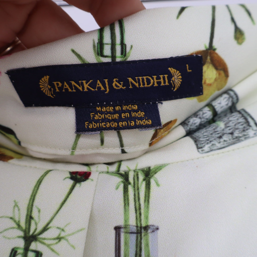 Pankaj & Nidhi Floral Bottle Print Midi Skirt Cream Pink Green Womens Large