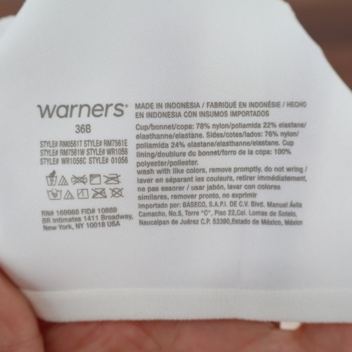 Warners No Side Effects T-Shirt Bra Women 36B White Wireless Adjustable Strap