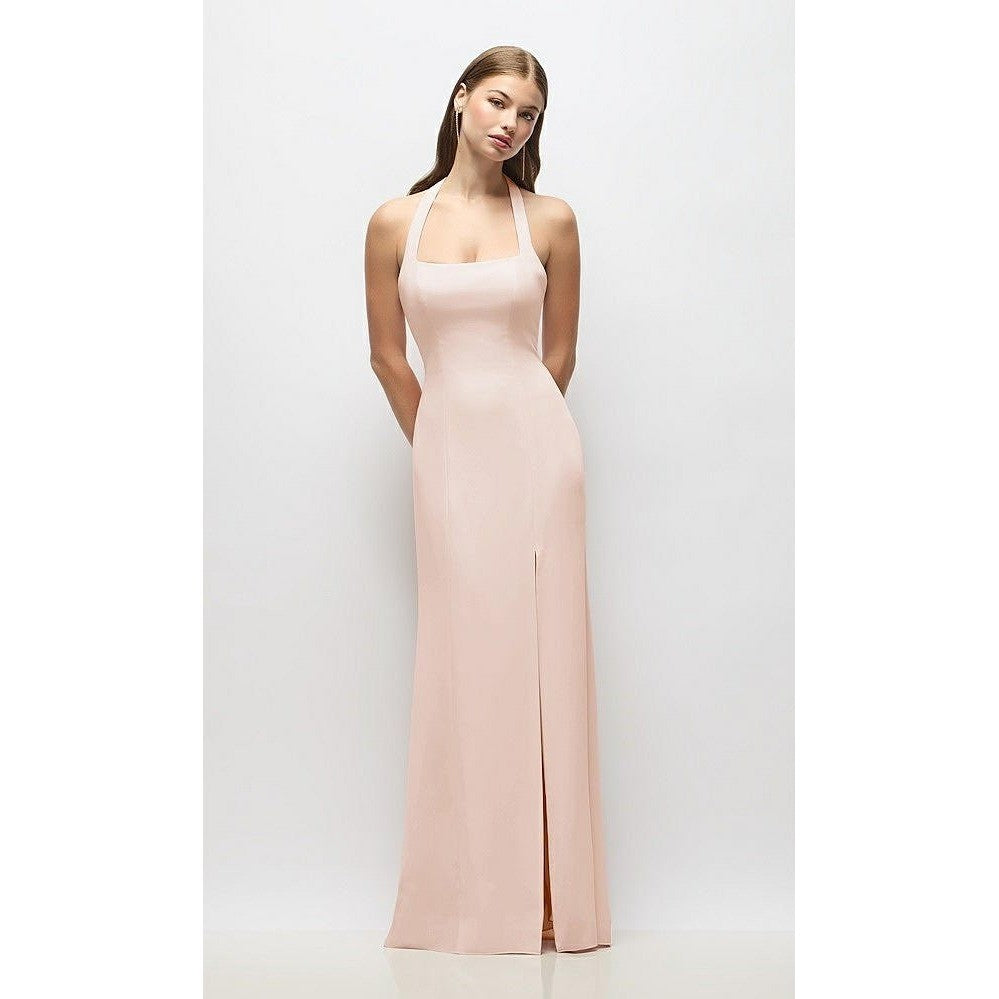 Thread Tie Halter Open Back Trumpet Gown In Cameo Size M