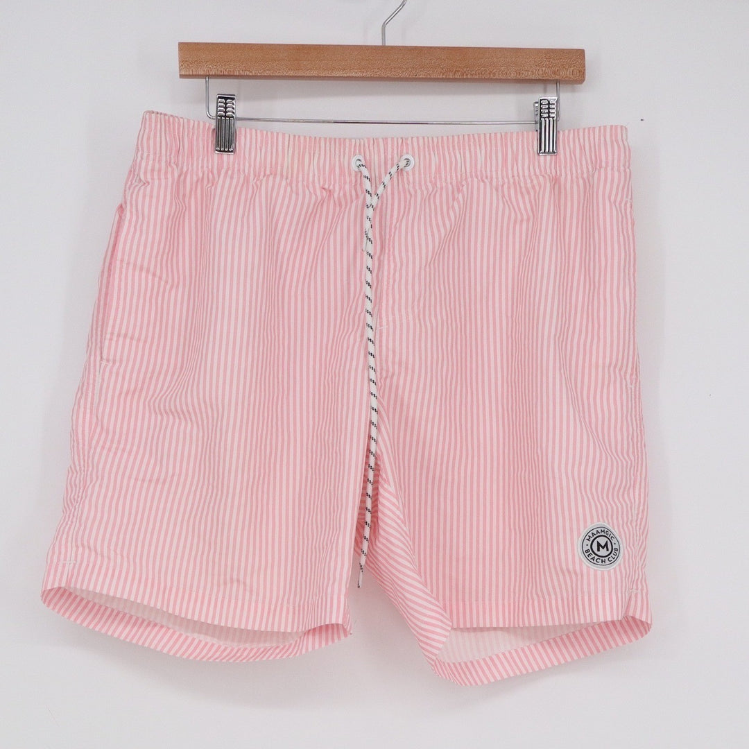 Maamgic Mens Pink White Striped Swim Trunks Beach Club Mesh Lined Shorts Large