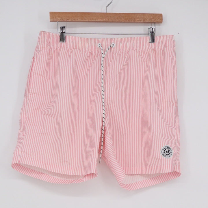 Maamgic Mens Pink White Striped Swim Trunks Beach Club Mesh Lined Shorts Large