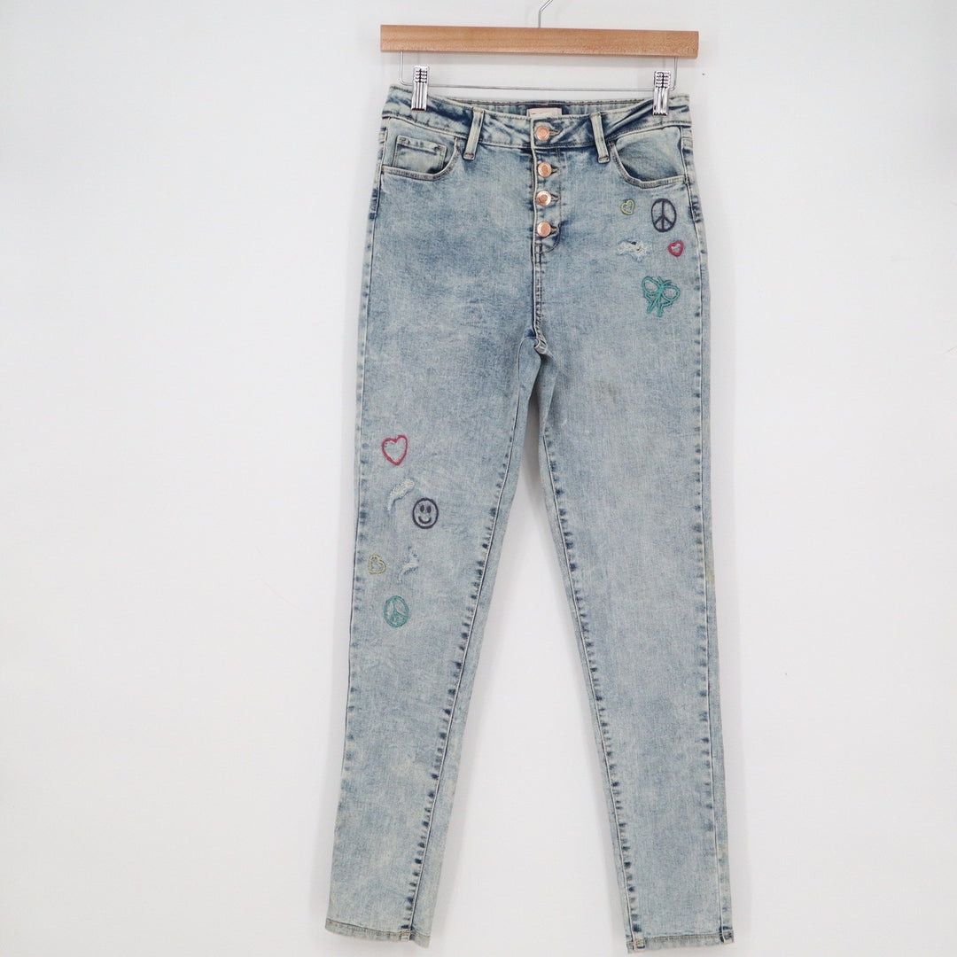 SO Womens High Rise Skinny Jeans Light Acid Wash Embroidered Button Fly Size S