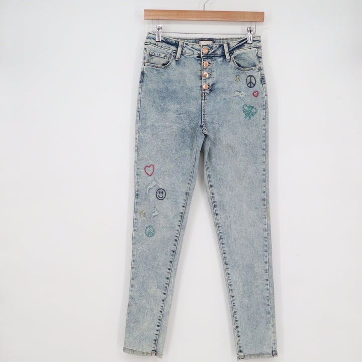 SO Womens High Rise Skinny Jeans Light Acid Wash Embroidered Button Fly Size S