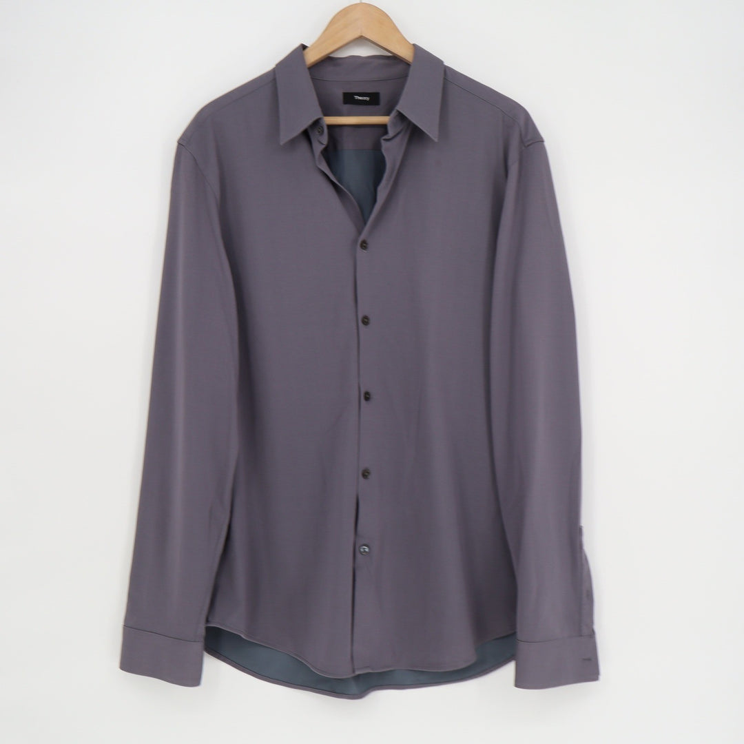 Theory Sylvain ND Structure Knit Shirt Mens XL Purple Grey Button Down J0794505
