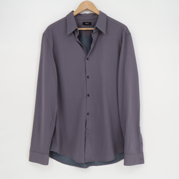 Theory Sylvain ND Structure Knit Shirt Mens XL Purple Grey Button Down J0794505
