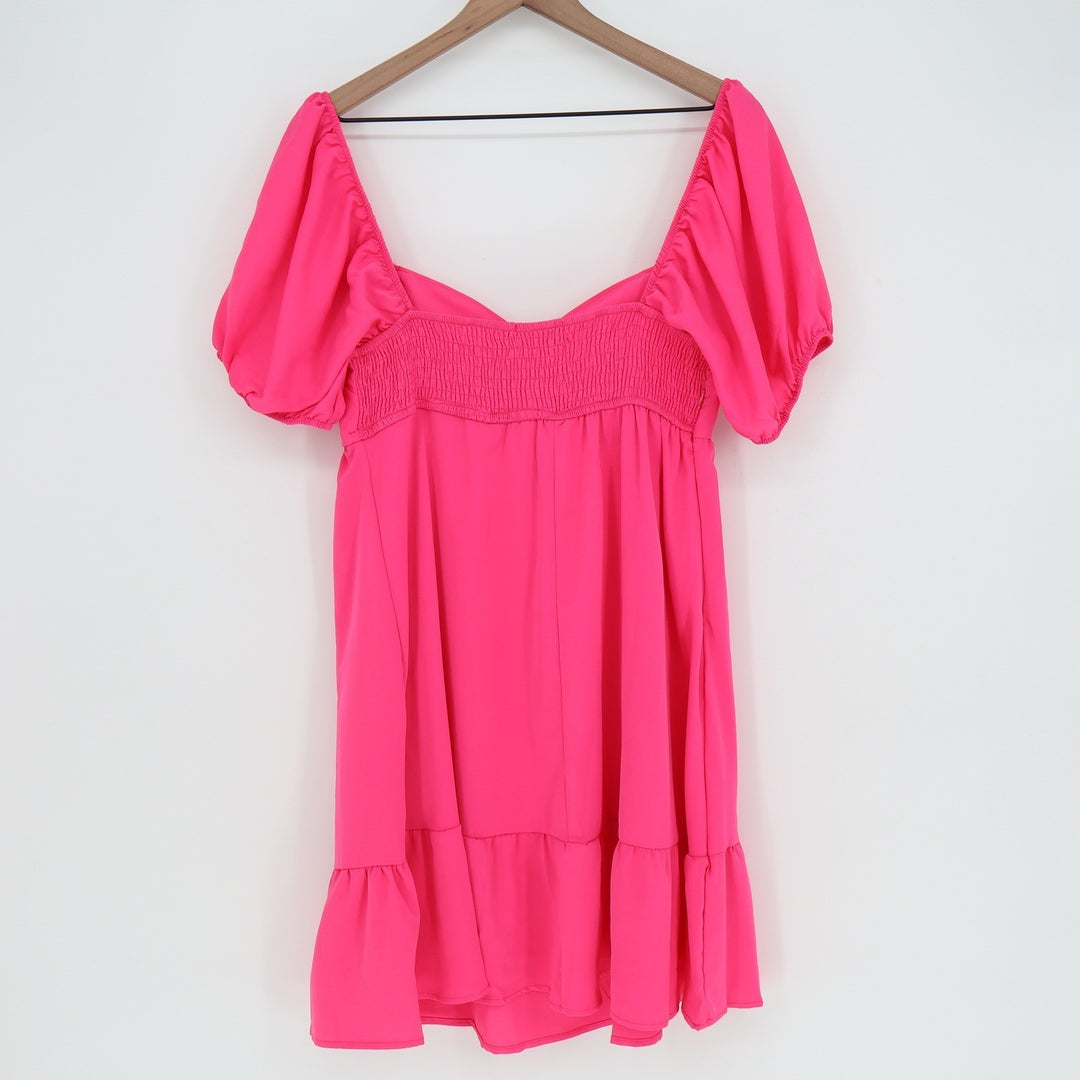 Belongsci Hot Pink Puff Sleeve Mini Dress Sweetheart Smocked Back Size M KLI 461
