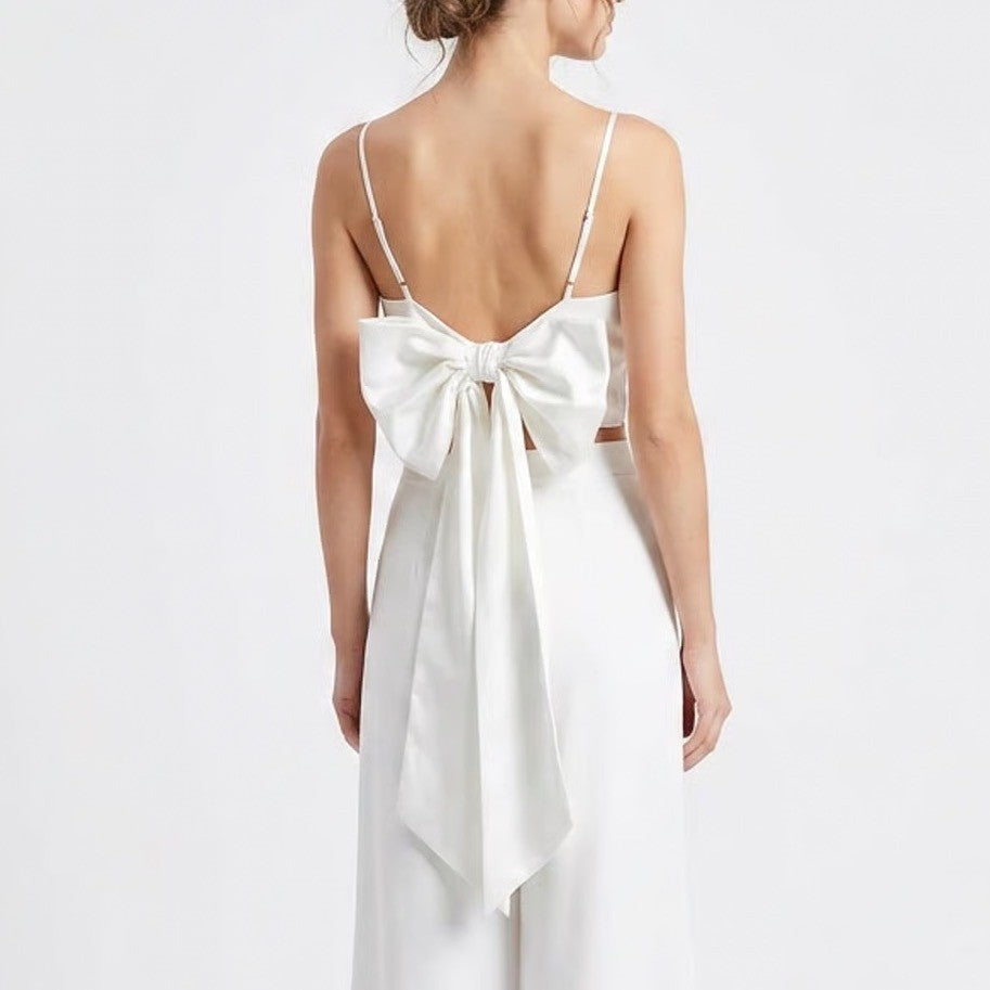 Stile Collection White Oversized Bow Detail Cropped Tank Top Large