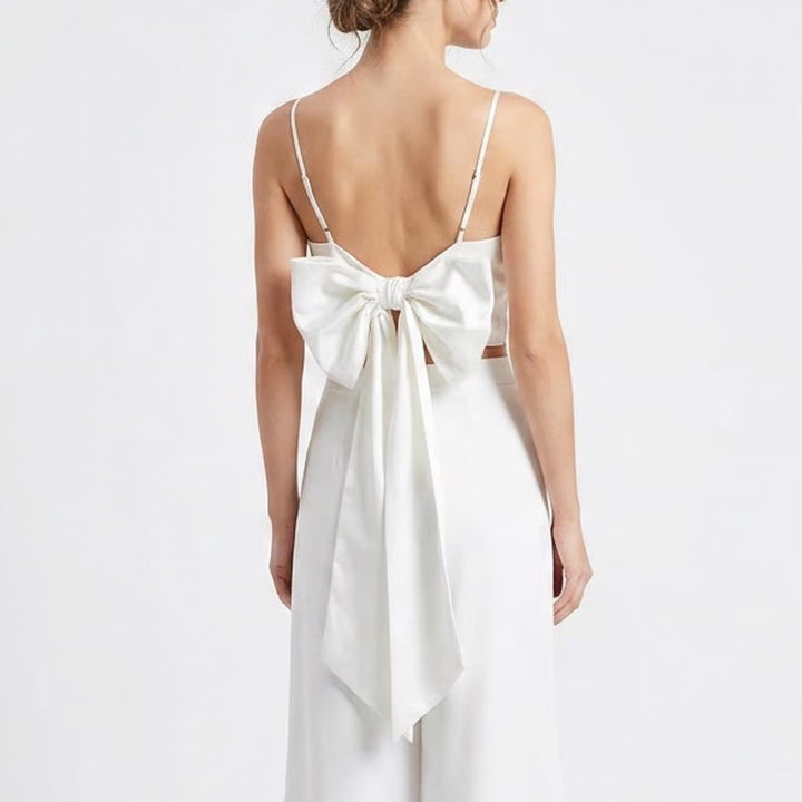 Stile Collection White Oversized Bow Detail Cropped Tank Top Large