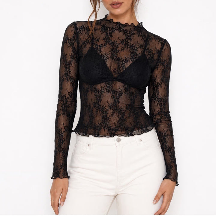 Envie Black Floral Lace Sheer Mock Neck Long Sleeve Top Lettuce Trim Large