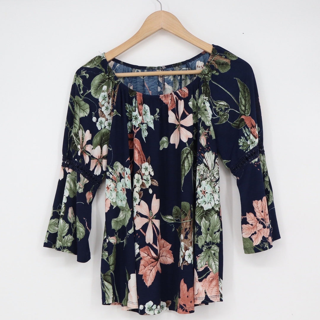 Navy Floral Off the Shoulder Bell Sleeve Boho Blouse with Crochet Lace Trim M