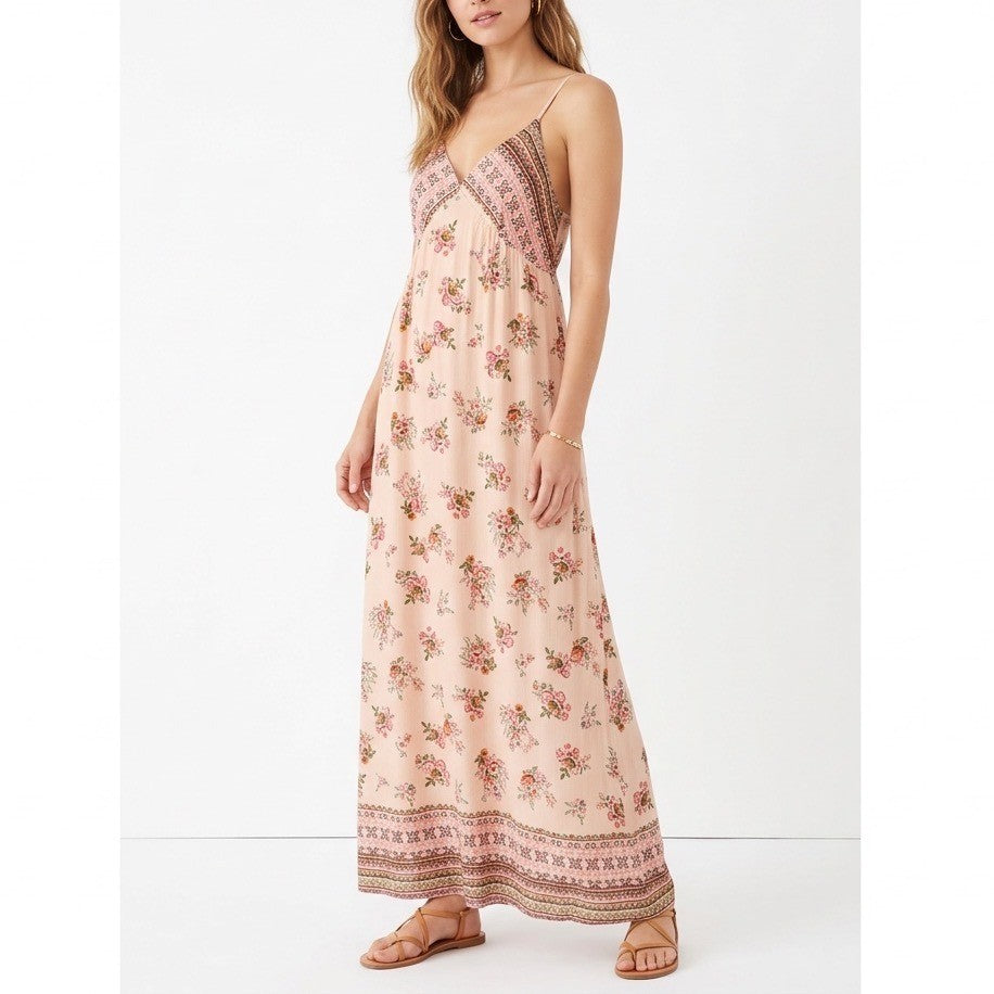 Gilli Midi Dress Womens L Beige Floral Rayon V-Neck Sleeveless Adjustable Strap