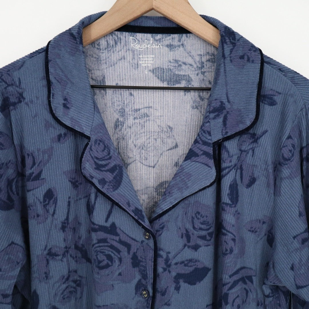 Roudelain Pajama Shirt Womens Large Blue Floral Ribbed Stretch Lapel Collar