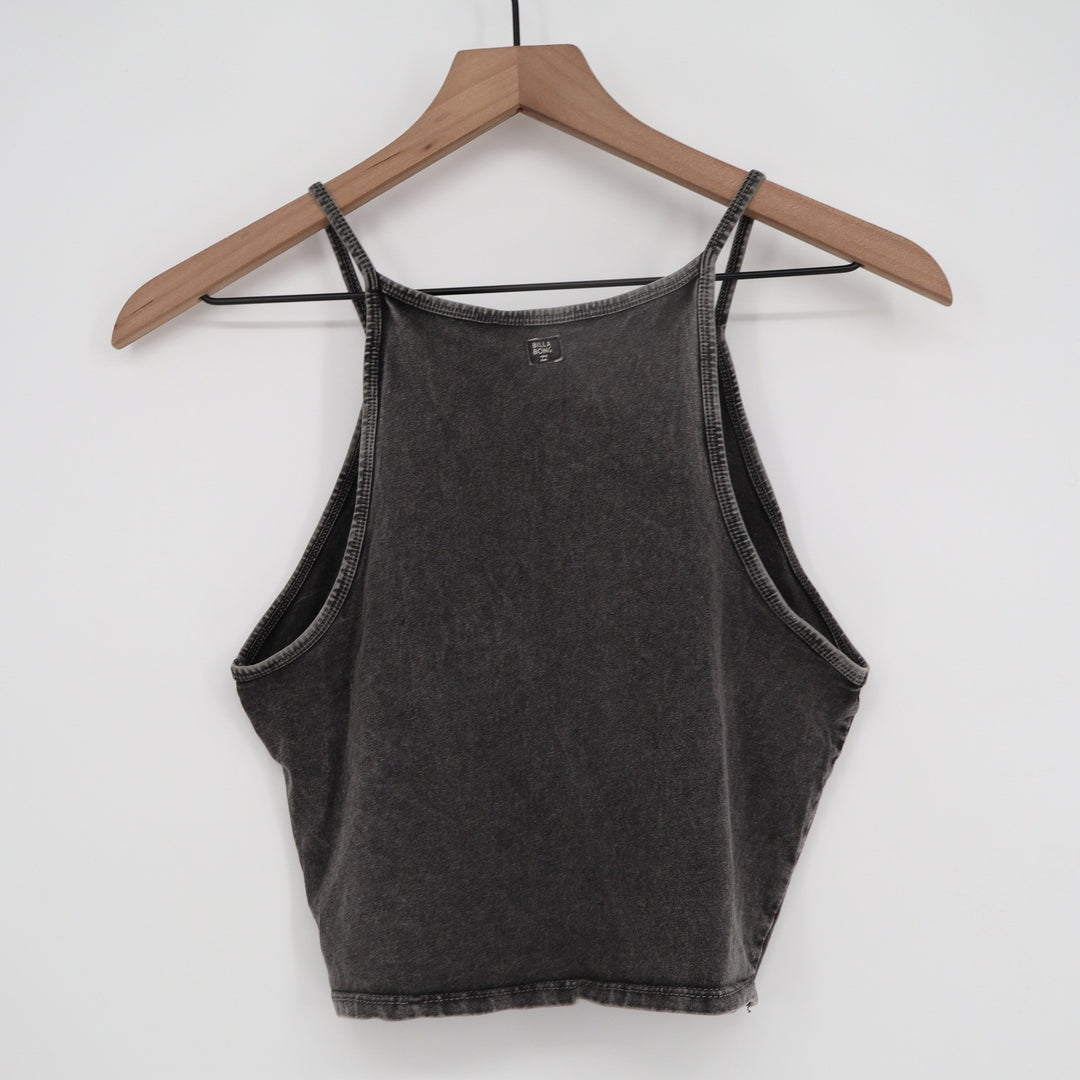 Billabong Womens M Washed Black Mineral Wash High Neck Halter Crop Tank Top