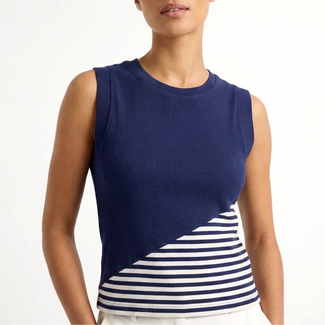 Maeve Muscle Tank Top Womens XS Blue White Striped Cotton Stretch Rib Crew Neck
