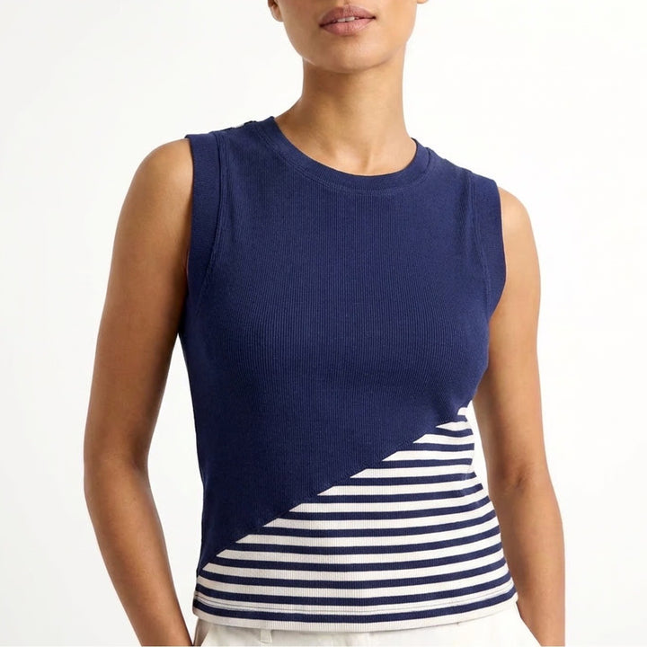 Maeve Muscle Tank Top Womens XS Blue White Striped Cotton Stretch Rib Crew Neck