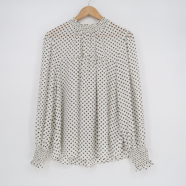 Blashe Blouse Womens 2XL White Polka Dot Pleated Mock Neck Smoked Long Sleeve