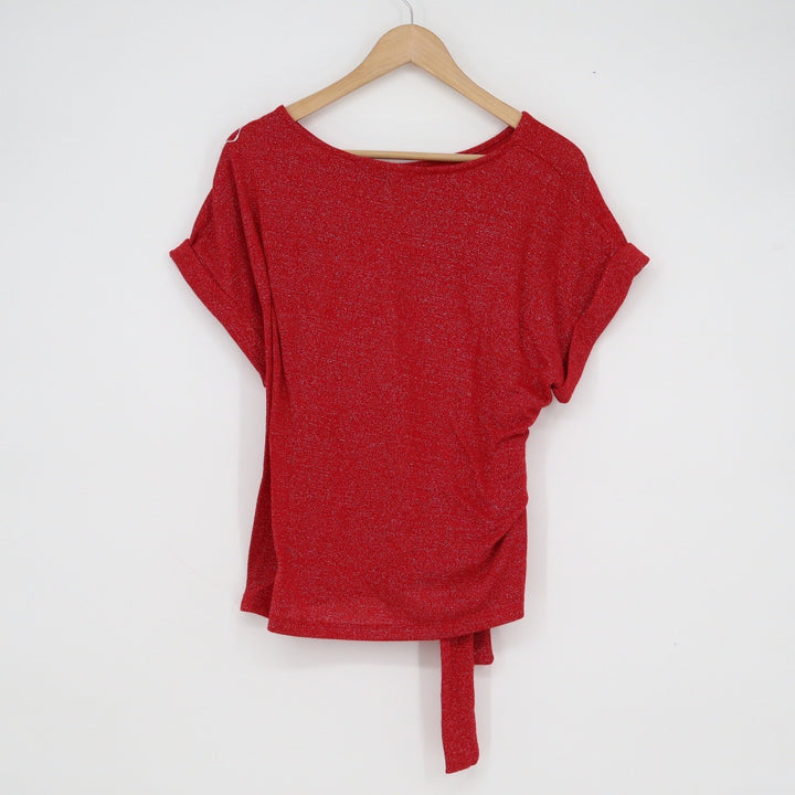 Adrienne Vittadini Red Metallic Shimmer Side Tie Knit Top XL Short Sleeve