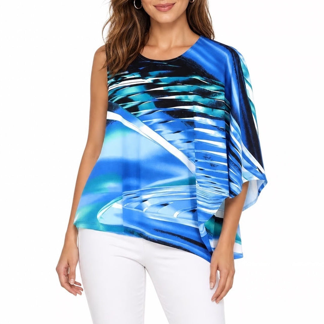 Woman Prima Blue Abstract Graphic Asymmetric Sleeveless Draped Top Large