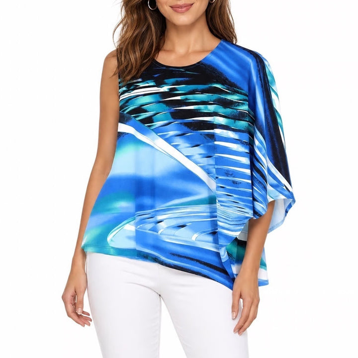 Woman Prima Blue Abstract Graphic Asymmetric Sleeveless Draped Top Large