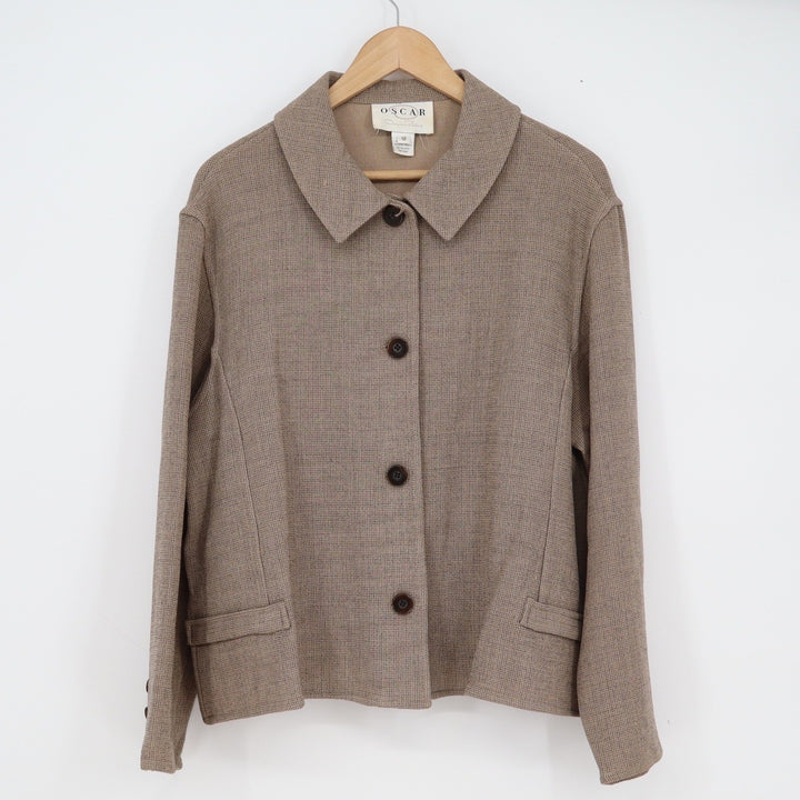 Oscar de la Renta Wool Jacket Womens 12 Tan Brown Micro Check Button Front USA